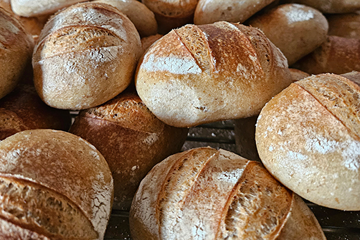Mehrere frisch gebackene, runde Brötchen mit goldbrauner Kruste und eingeschnittenen Mustern liegen dicht beieinander.