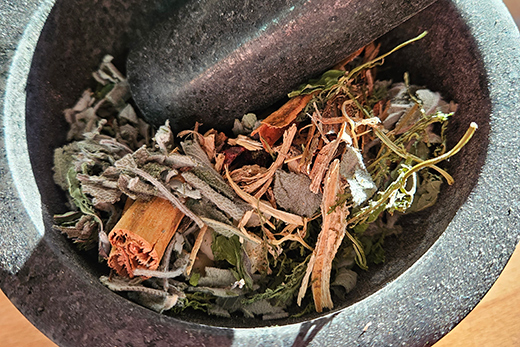 Mörser mit getrockneten Kräutern und Stängeln in verschiedenen Braun- und Grüntönen.