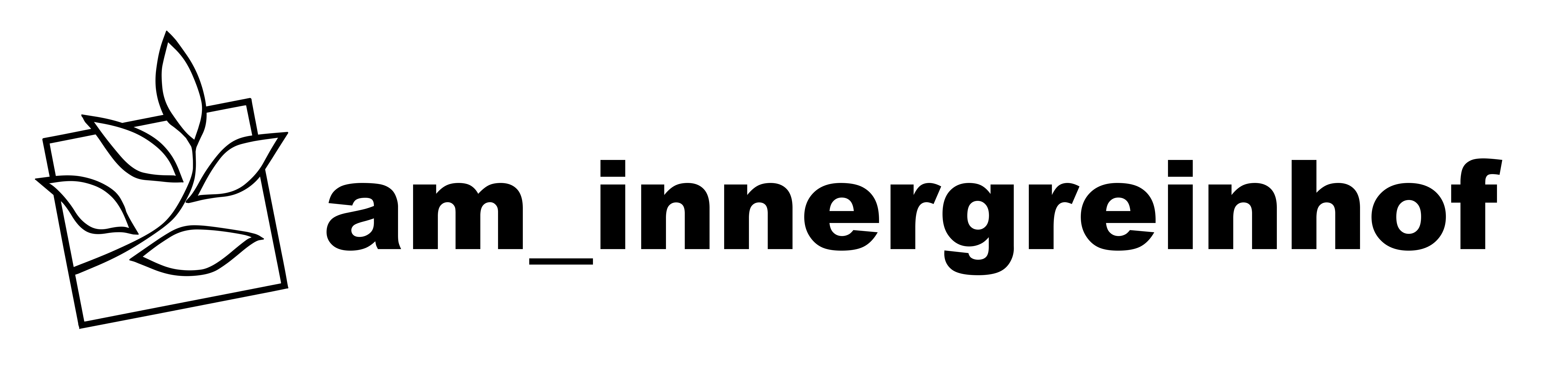 Schwarze Schrift 'am_innergreinhof' neben stilisiertem schwarzen Blatt-Logo mit fünf Blättern.